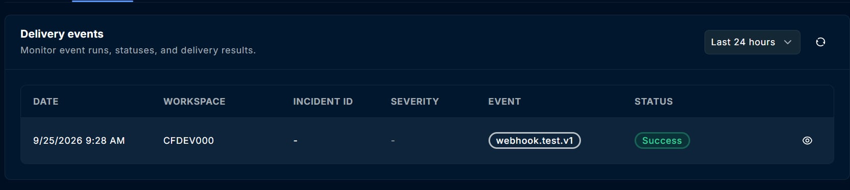 Delivery events list showing a webhook.test.v1 delivery with Success status