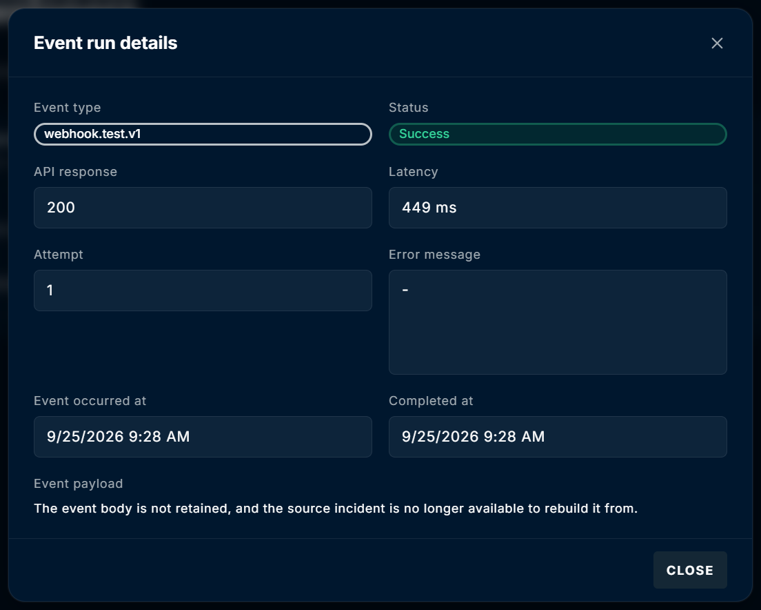 Event run details dialog showing webhook.test.v1, Success status, API response 200, latency 449 ms, and attempt 1