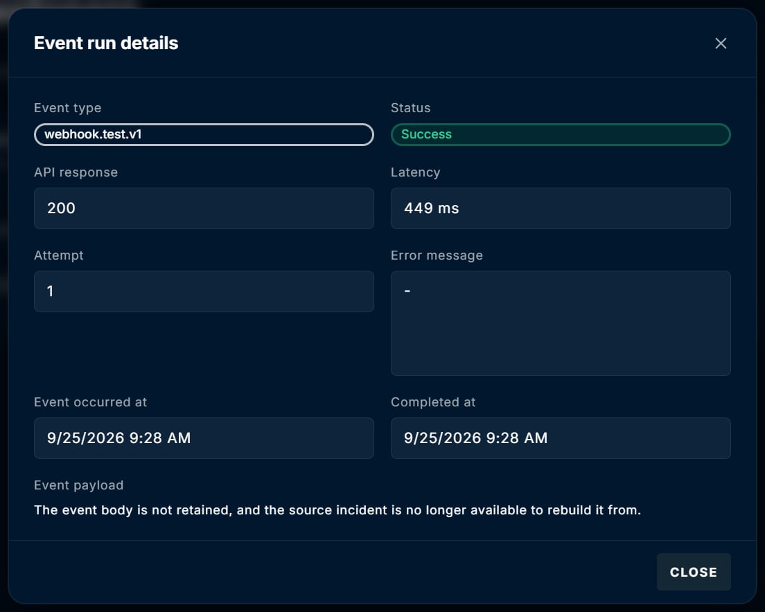 Event run details dialog showing webhook.test.v1, Success status, API response 200, latency 449 ms, and attempt 1