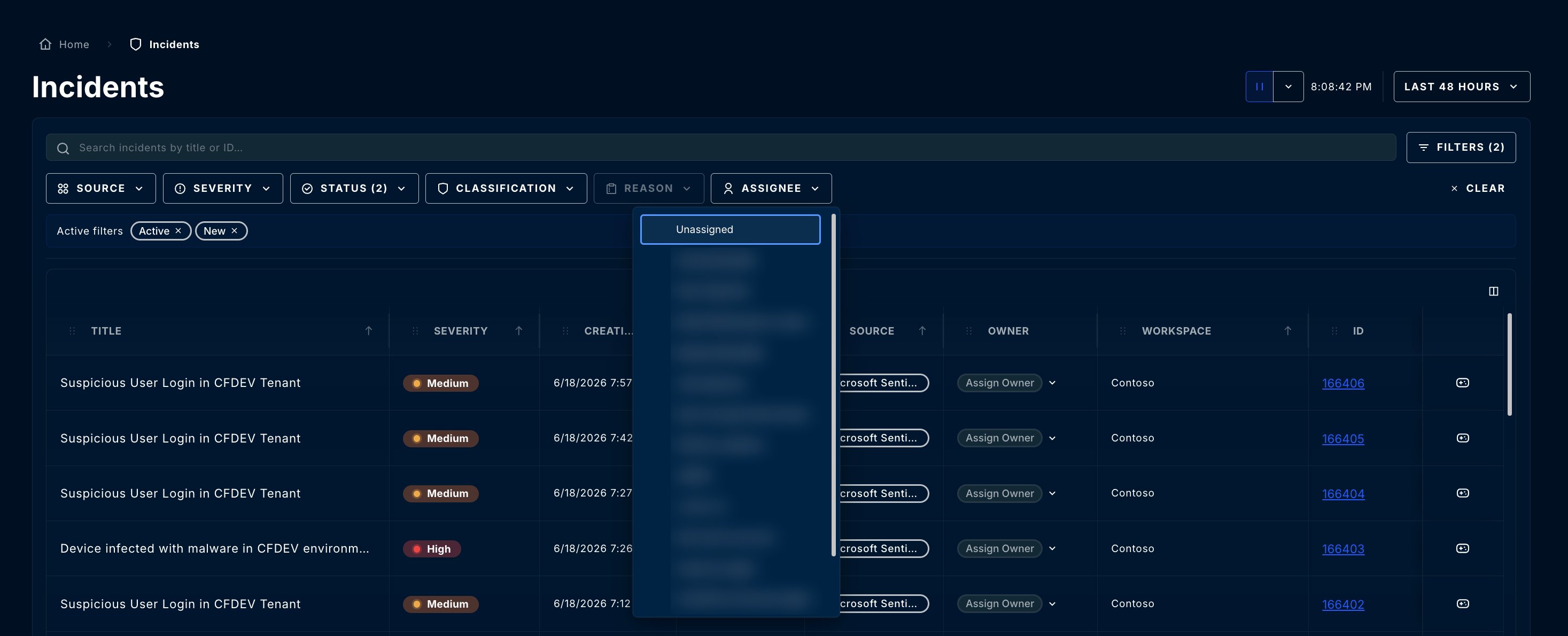 Workspace filter dropdown