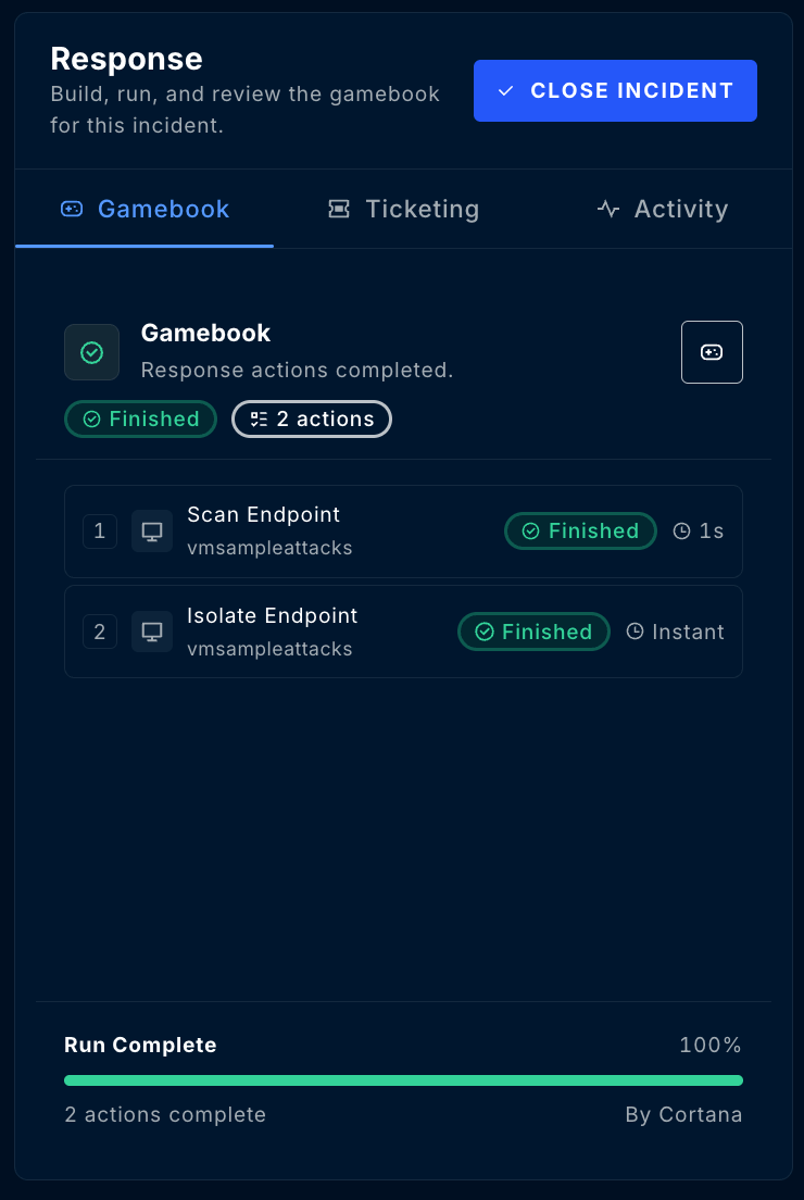 Gamebook response panel with completed actions