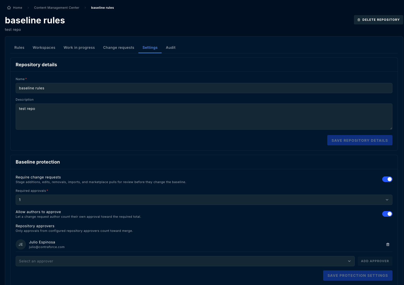 Repository Settings showing repository details and the Baseline protection panel with required approvals, author approval and the approver list