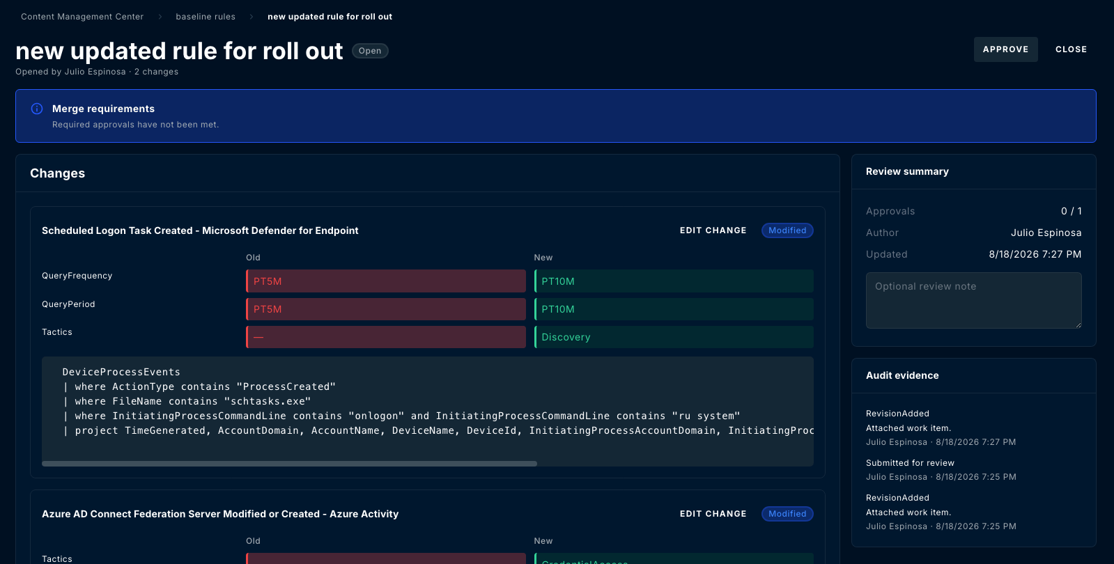 An open change request showing a merge requirements banner, field-level diffs for a modified rule, a review summary with approvals 0 of 1, and an audit evidence panel