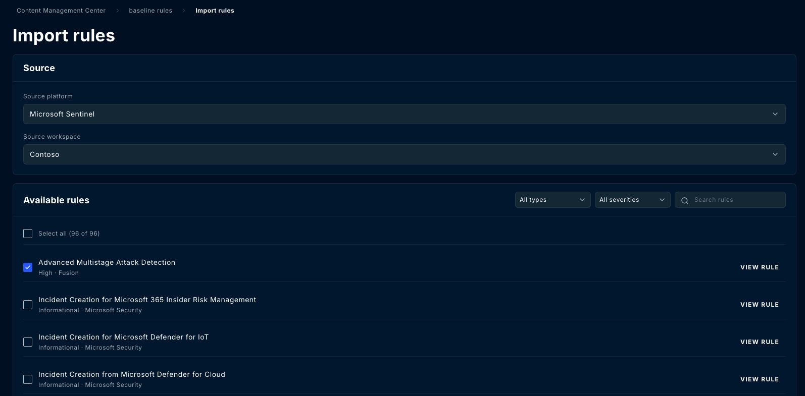 Import rules page with source platform and source workspace selectors and a list of available rules with checkboxes