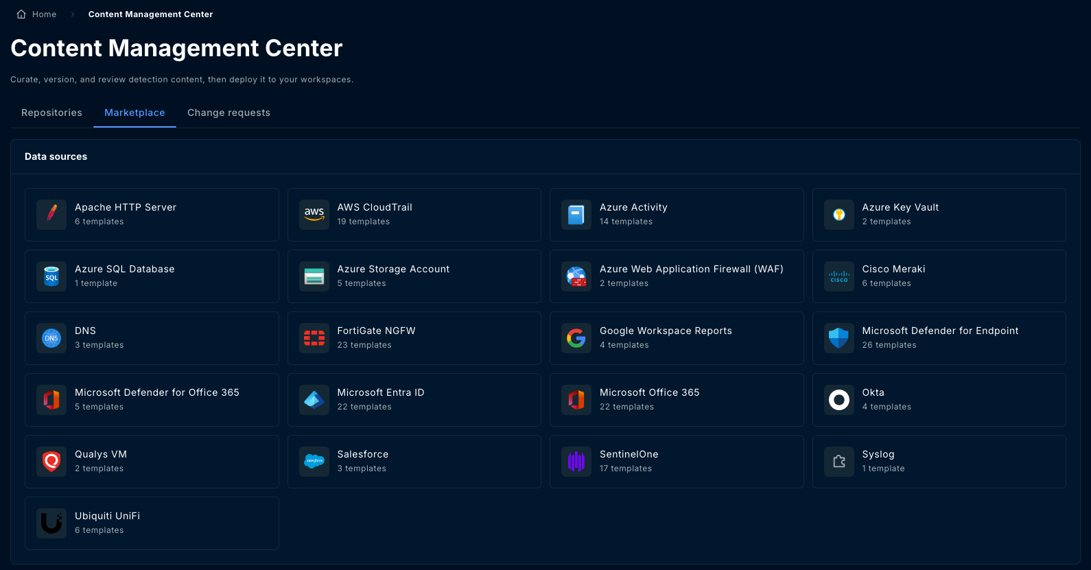 Marketplace tab showing data source cards such as AWS CloudTrail, Azure Activity and Microsoft Entra ID, each with a template count