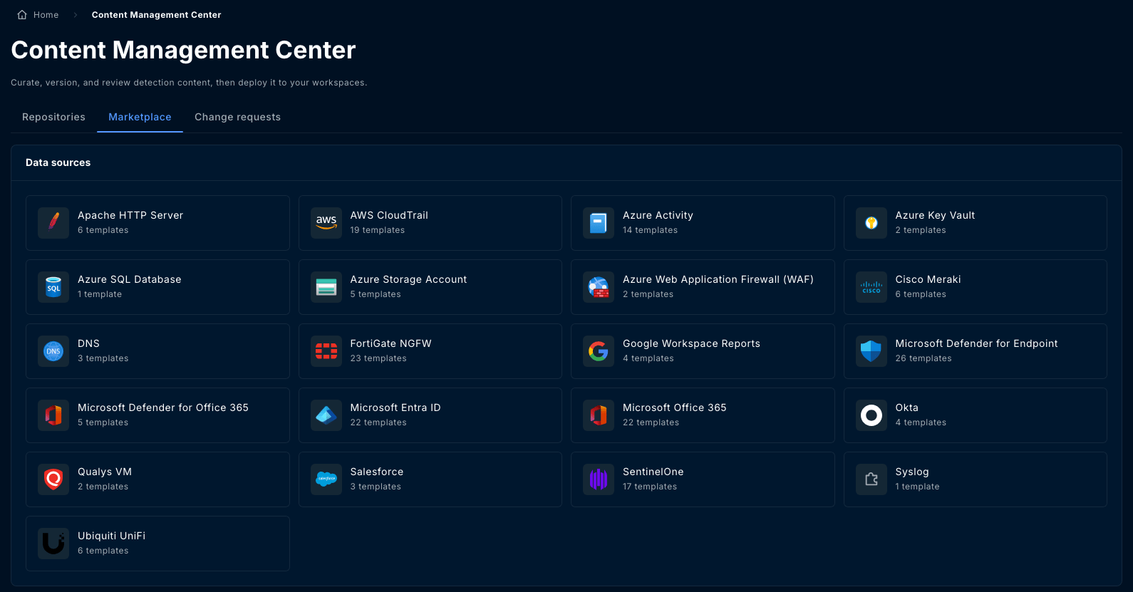 Marketplace tab showing data source cards such as AWS CloudTrail, Azure Activity and Microsoft Entra ID, each with a template count