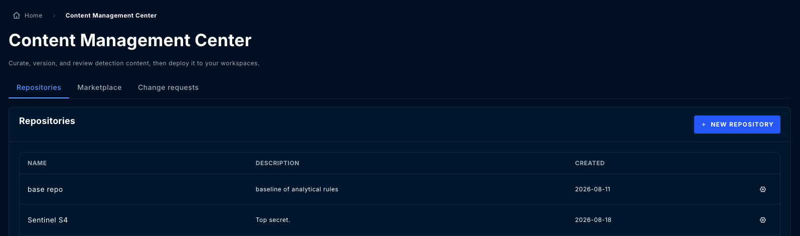Content Management Center Repositories tab listing repositories with name, description and created date