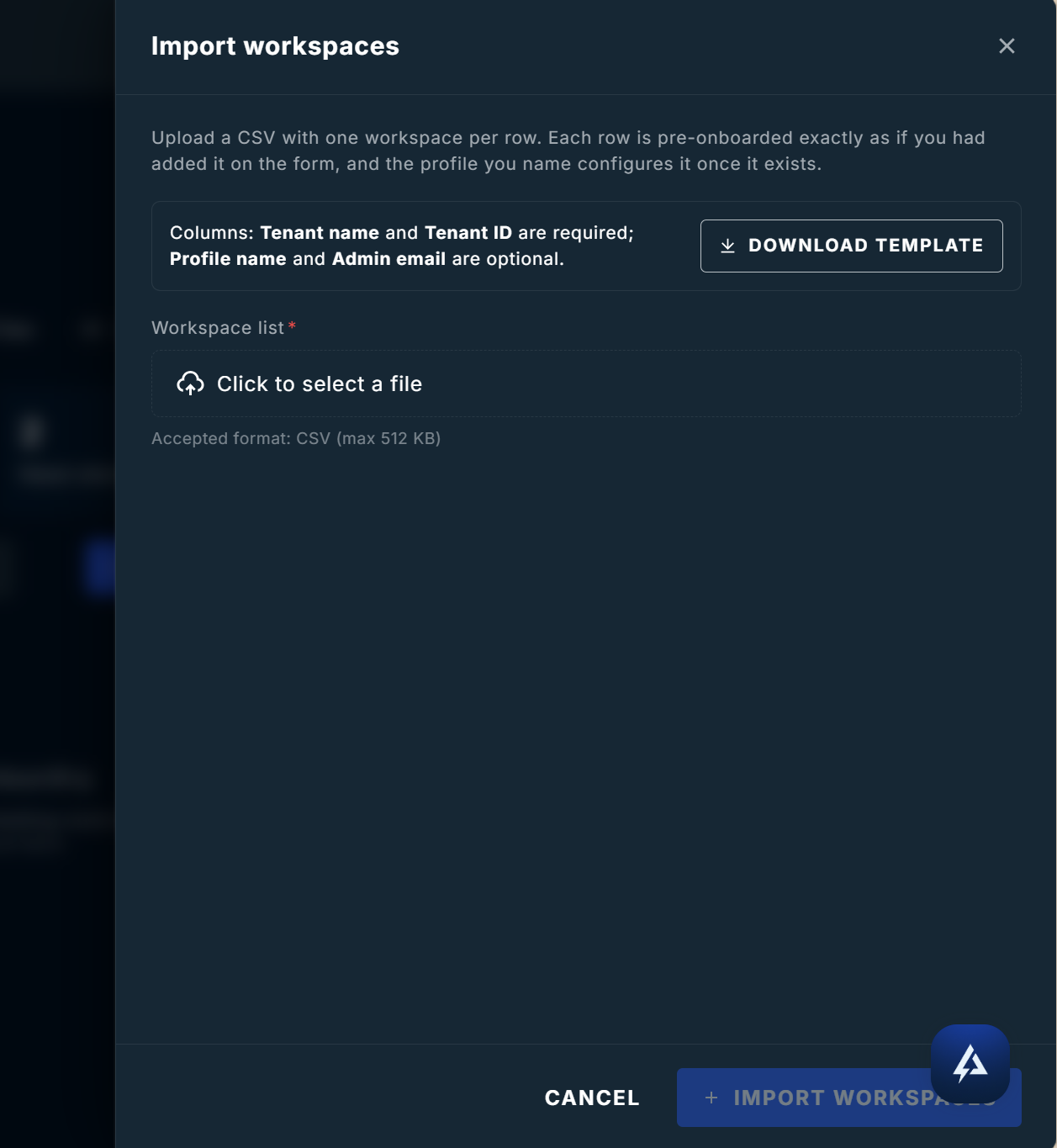 Import workspaces dialog with template download and file picker