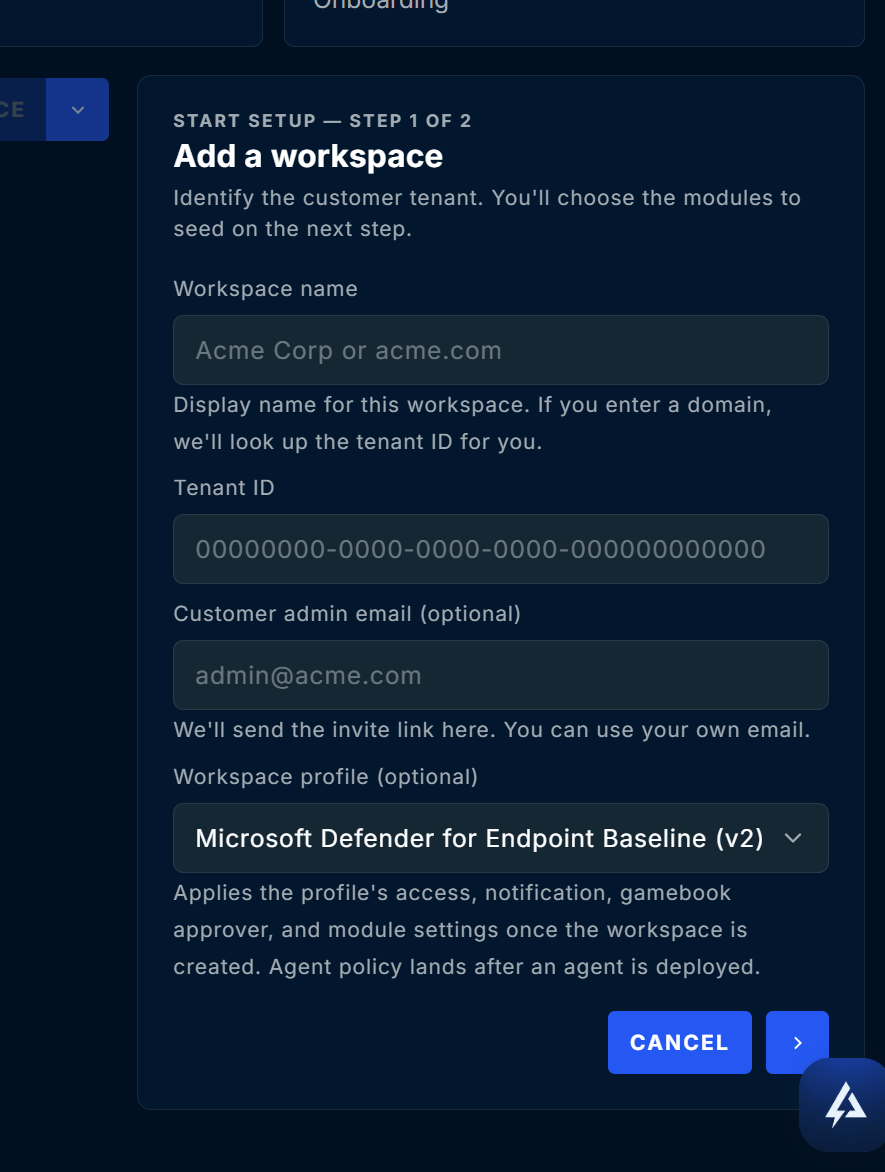 Add a workspace panel with the Workspace profile dropdown selected