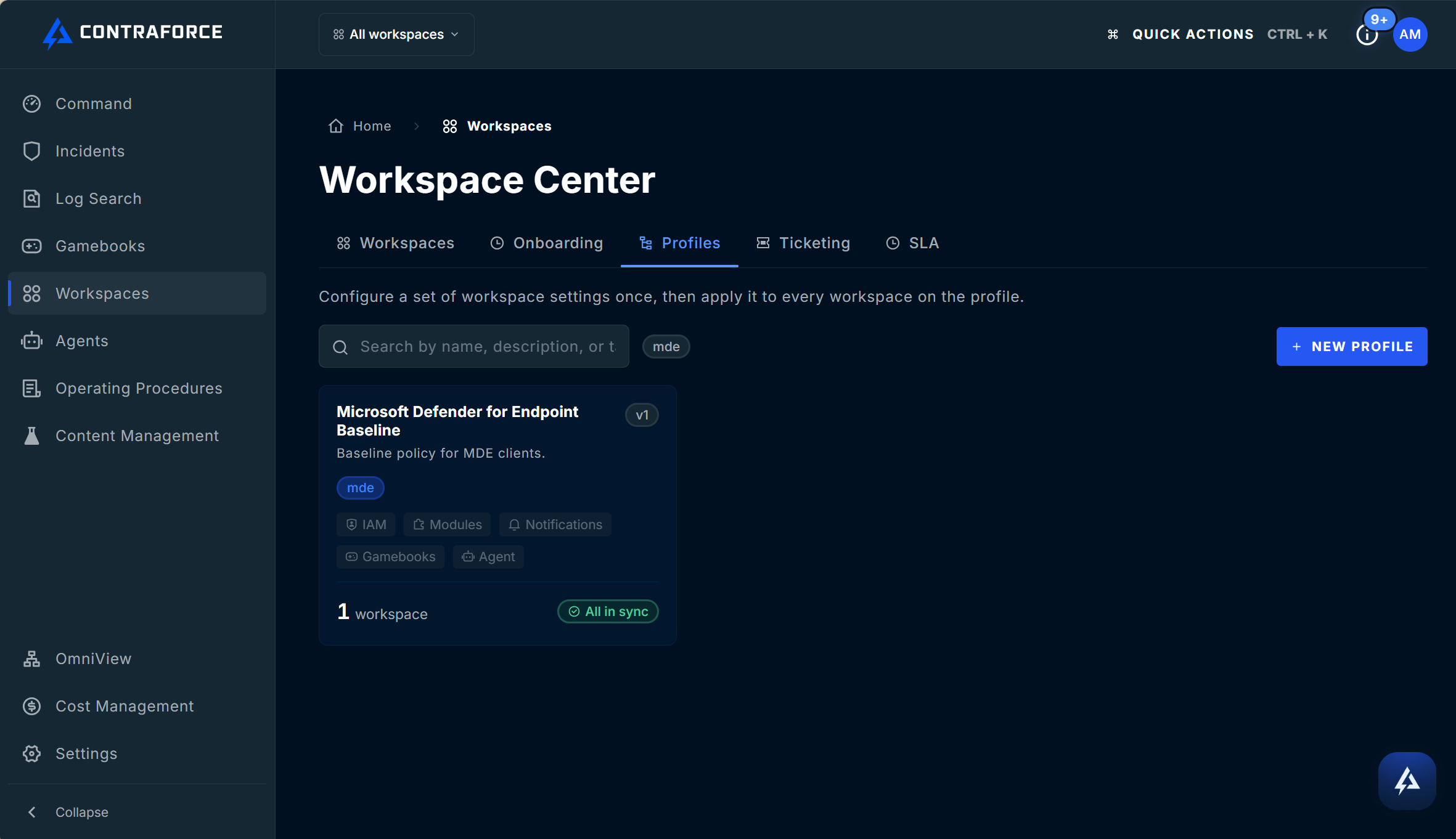 Profiles tab in Workspace Center showing a profile card