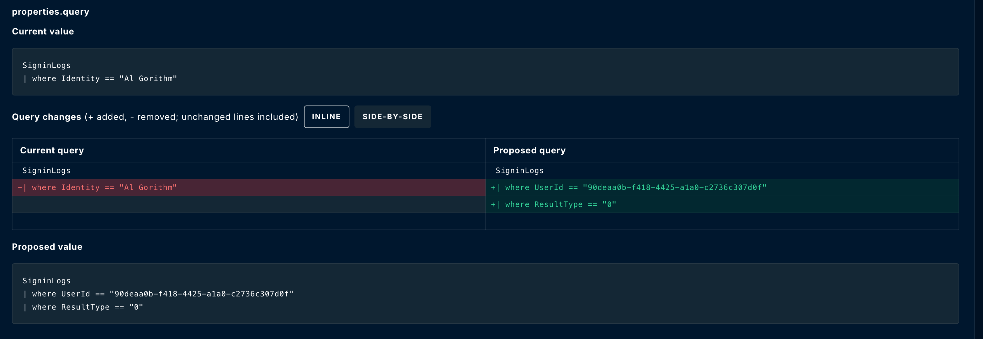 Full current and proposed queries with a side-by-side diff highlighting removed and added lines