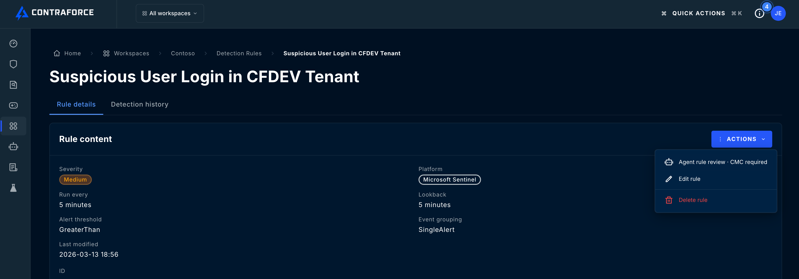 Detection rule Actions menu showing Agent rule review with a CMC required label