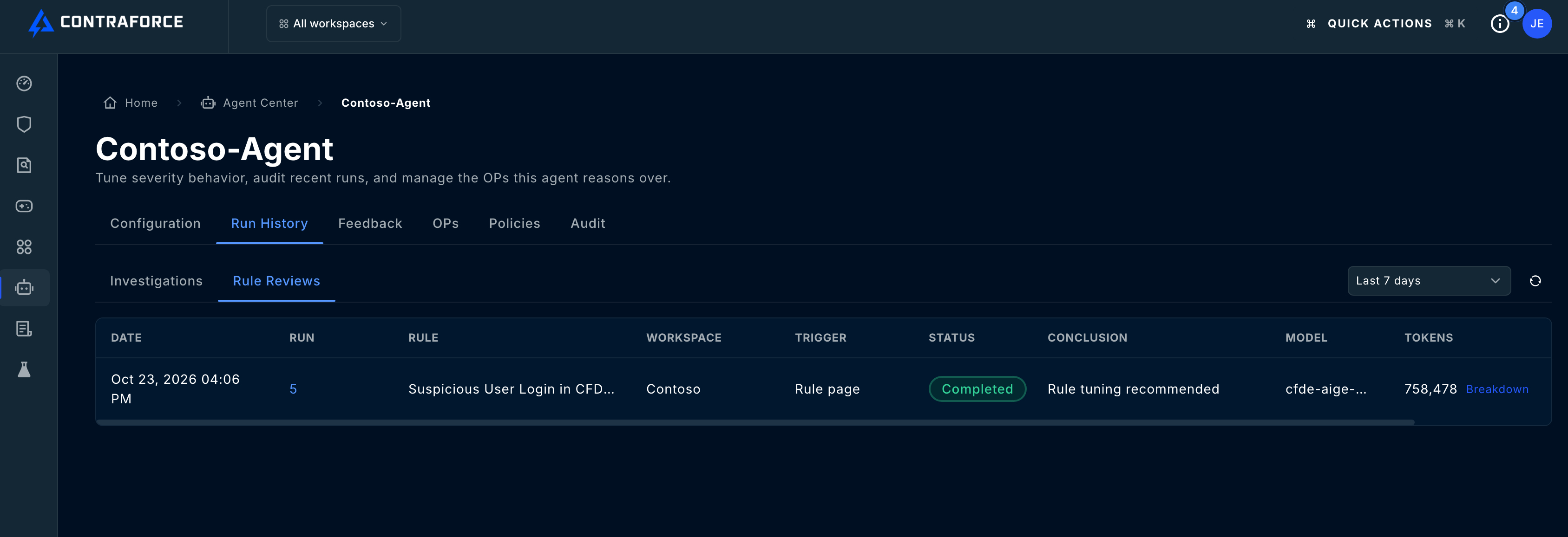 Agent Run History with the Rule Reviews tab selected and a completed run linked by its run number