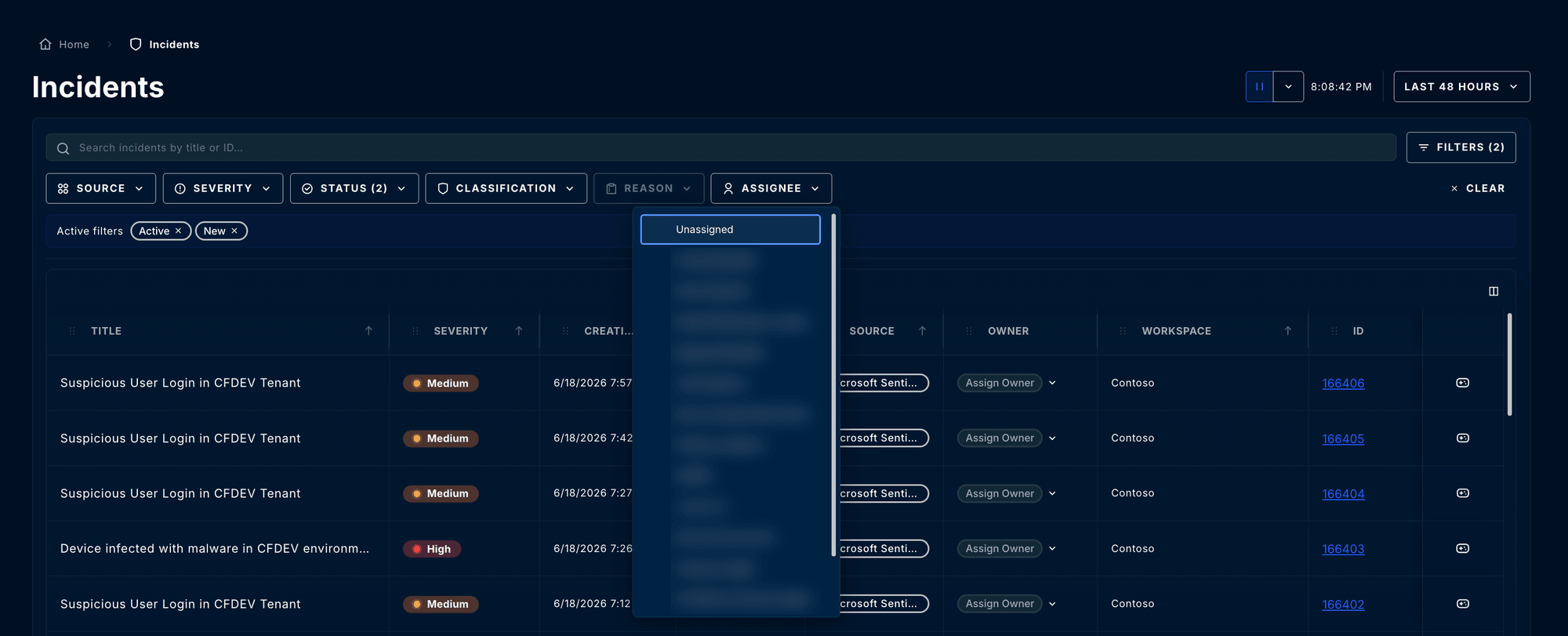 Incidents page with the Assignee filter dropdown open, showing Unassigned at the top of a list of analysts