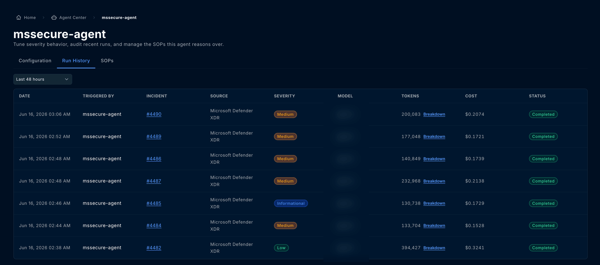 Agent details page, Run History tab, listing runs with date, incident, source, severity, tokens, cost, and status