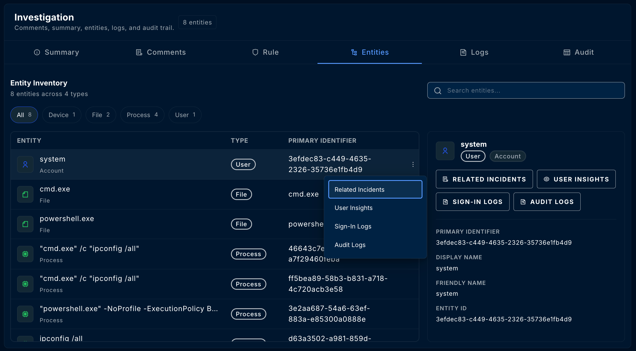 Entity insights menu for a user
