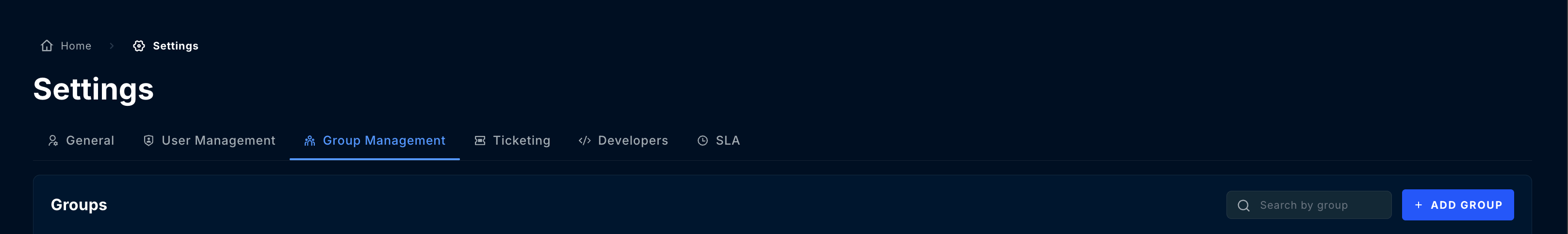Settings, Group Management tab with the Add Group button