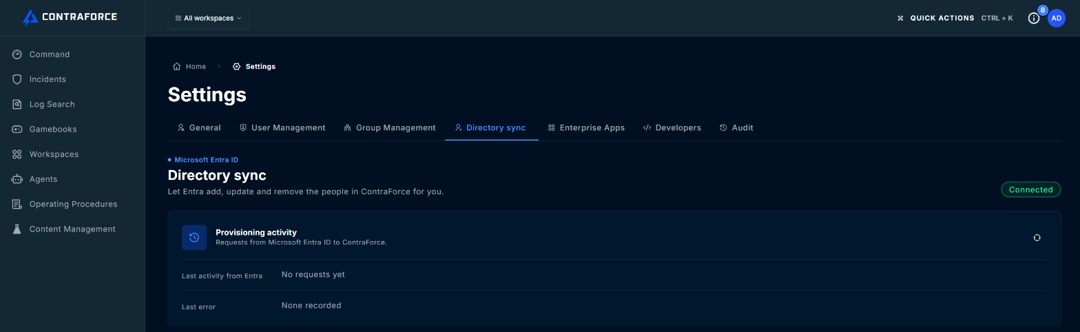 Settings page with the Directory sync tab selected, showing the Connected status and the Provisioning activity card with No requests yet