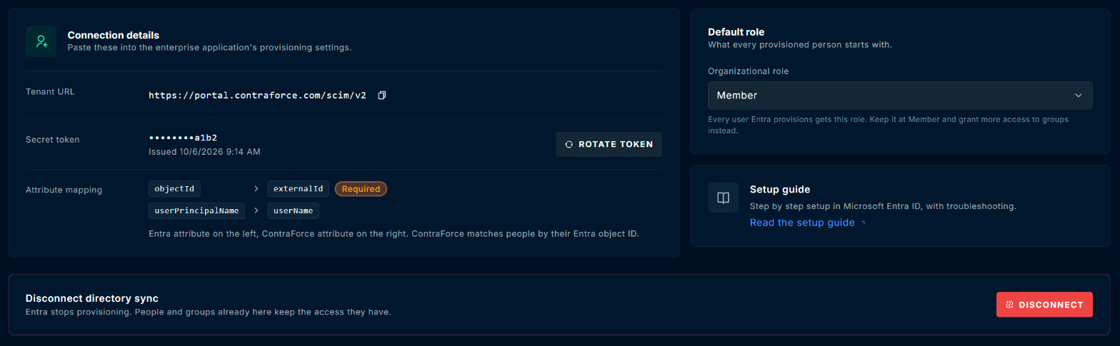 Connection details card with the Tenant URL, the masked Secret token with its issue date and the Rotate token button, and the required objectId to externalId mapping, next to the Default role and Setup guide cards