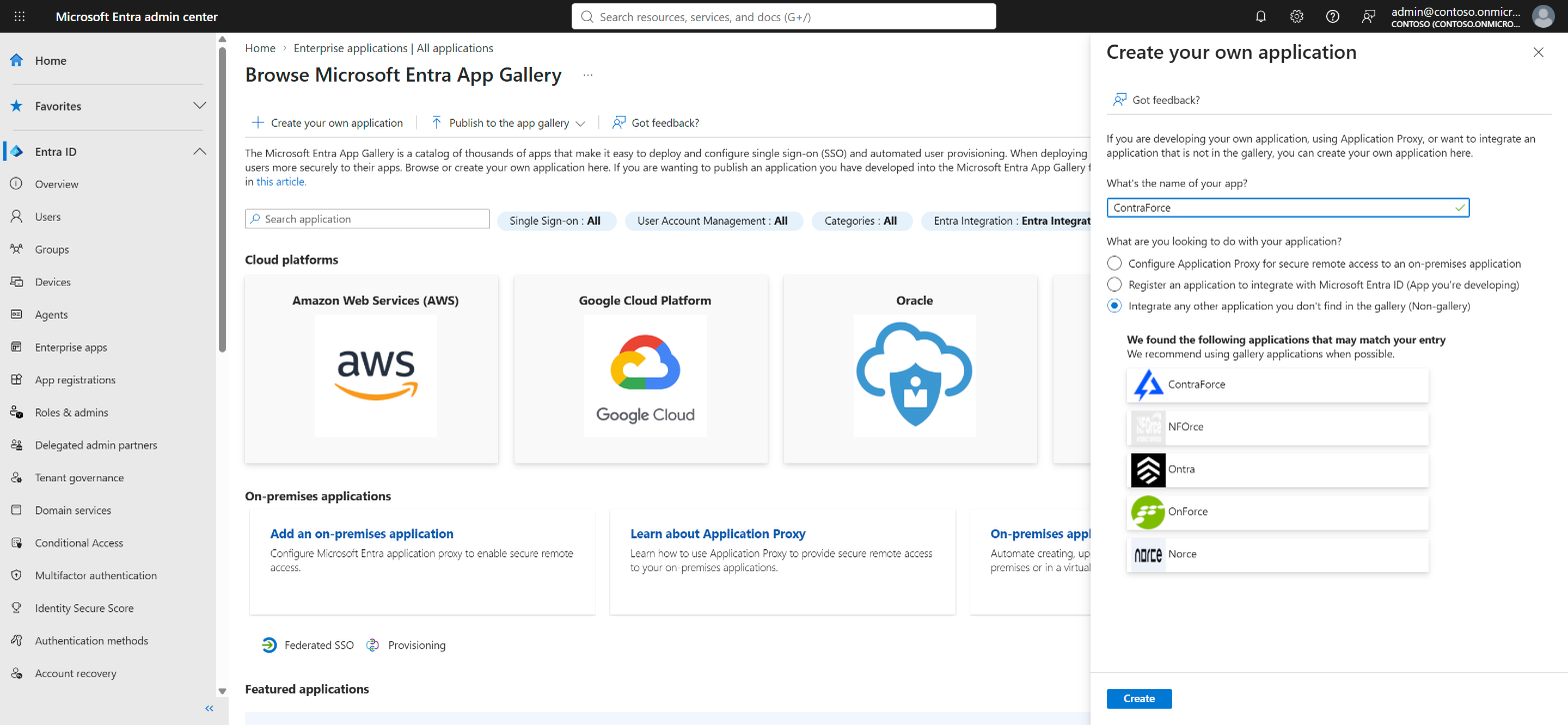 Create your own application panel in the Microsoft Entra admin center with the name ContraForce and the Non-gallery option selected