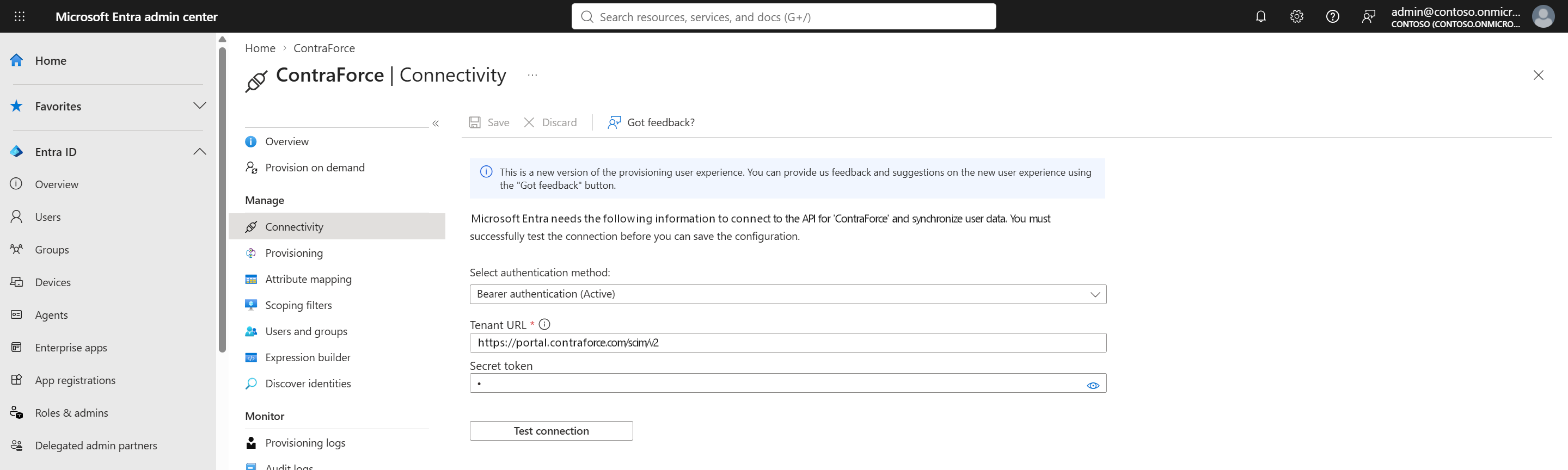 Connectivity page of the application's provisioning in Entra, with Bearer authentication selected, the ContraForce Tenant URL filled in, the hidden Secret token and the Test connection button