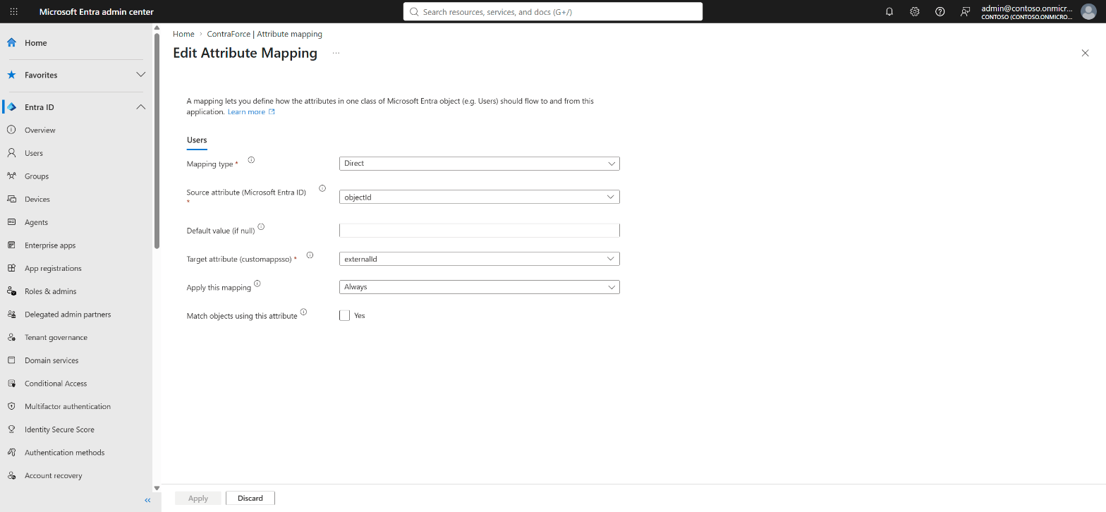 Edit Attribute Mapping page in Entra with Mapping type Direct, Source attribute objectId and Target attribute externalId