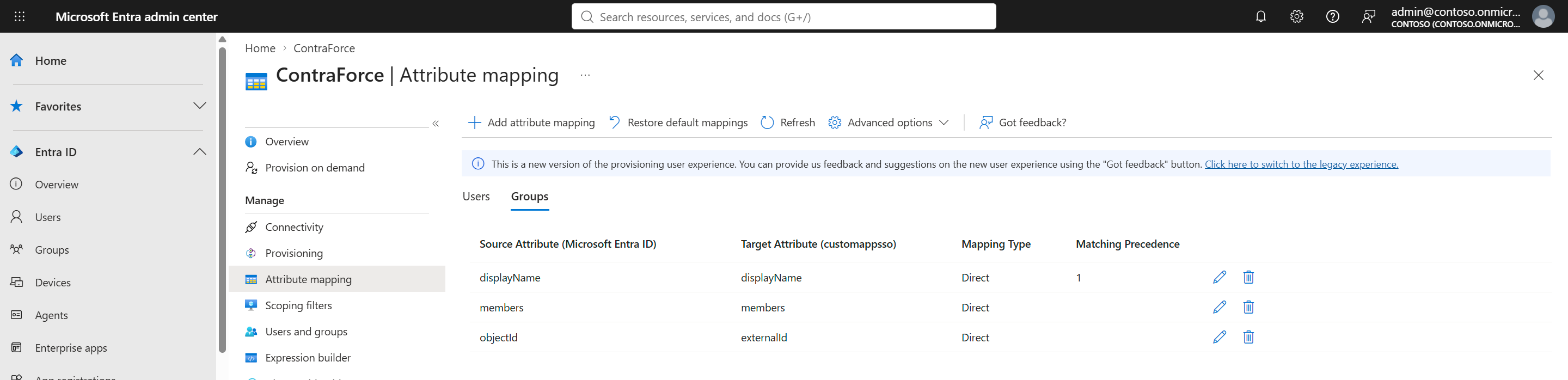 Attribute mapping Groups tab in Entra showing displayName, members, and objectId mapped to externalId