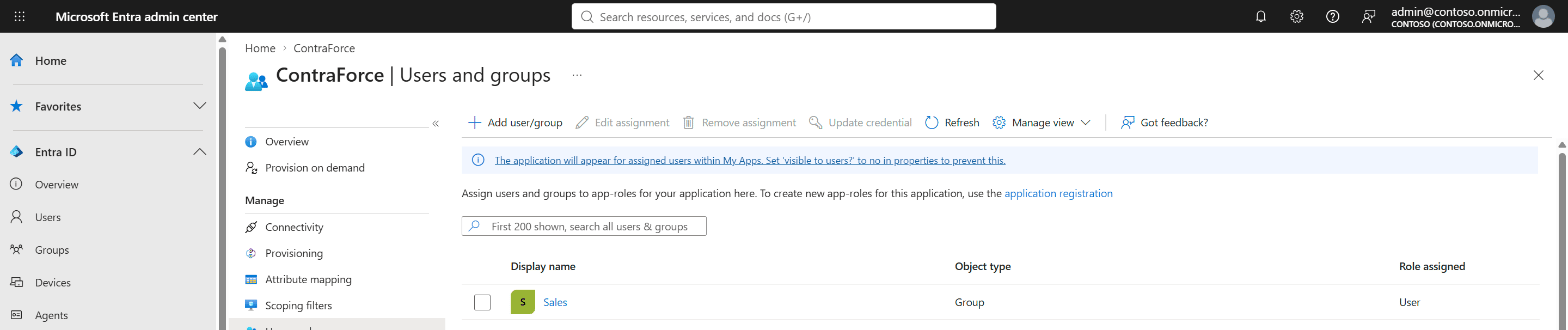 Users and groups page of the application in Entra with the Add user/group button and an assigned group
