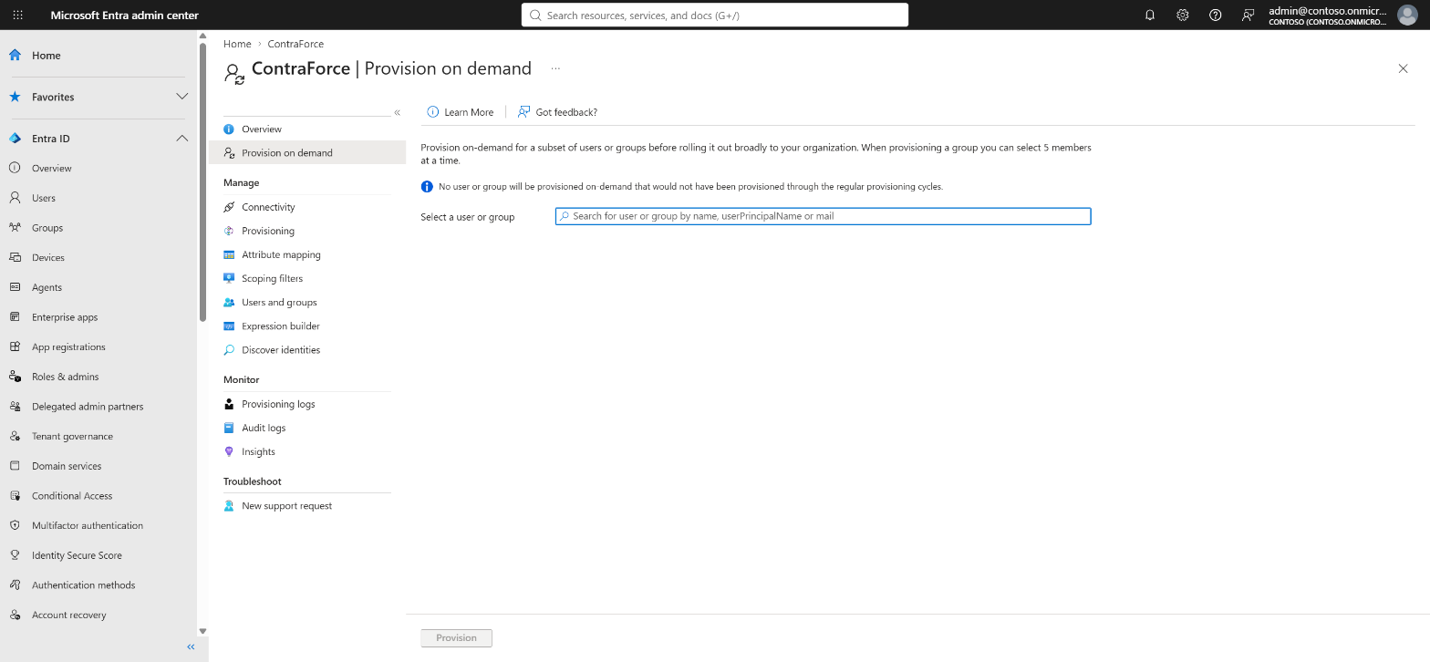 Provision on demand page in Entra with the search box for selecting a user or group and the Provision button