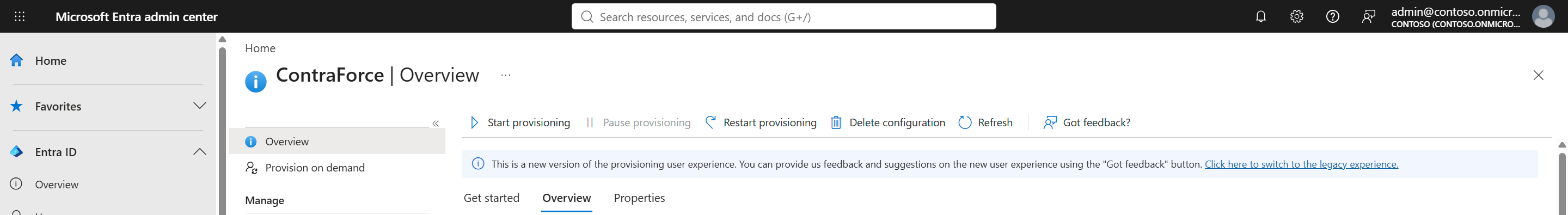 Provisioning Overview in Entra with the Start provisioning button in the toolbar