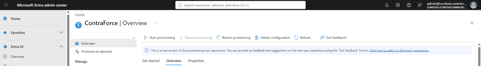 Provisioning Overview in Entra with the Start provisioning button in the toolbar