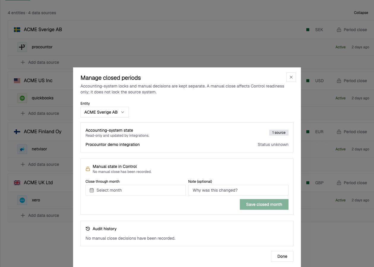 Manage closed periods dialog showing accounting-system state, manual close controls, and audit history