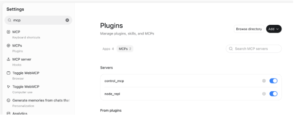 ChatGPT Settings showing the Plugins page with the MCPs tab, a list of servers, and the Add button