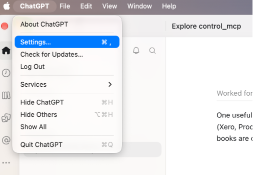 ChatGPT desktop menu bar with the ChatGPT menu open and Settings highlighted