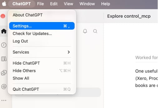 ChatGPT desktop menu bar with the ChatGPT menu open and Settings highlighted