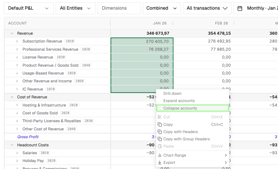 P&L value cells selected with a context menu containing Drill down, Expand accounts, and Collapse accounts