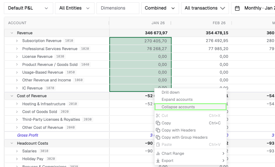 P&L value cells selected with a context menu containing Drill down, Expand accounts, and Collapse accounts