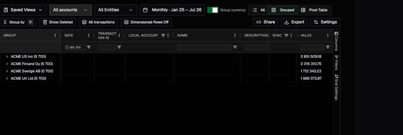 Transactions Browser with scope filters and All, Grouped, and Pivot Table views