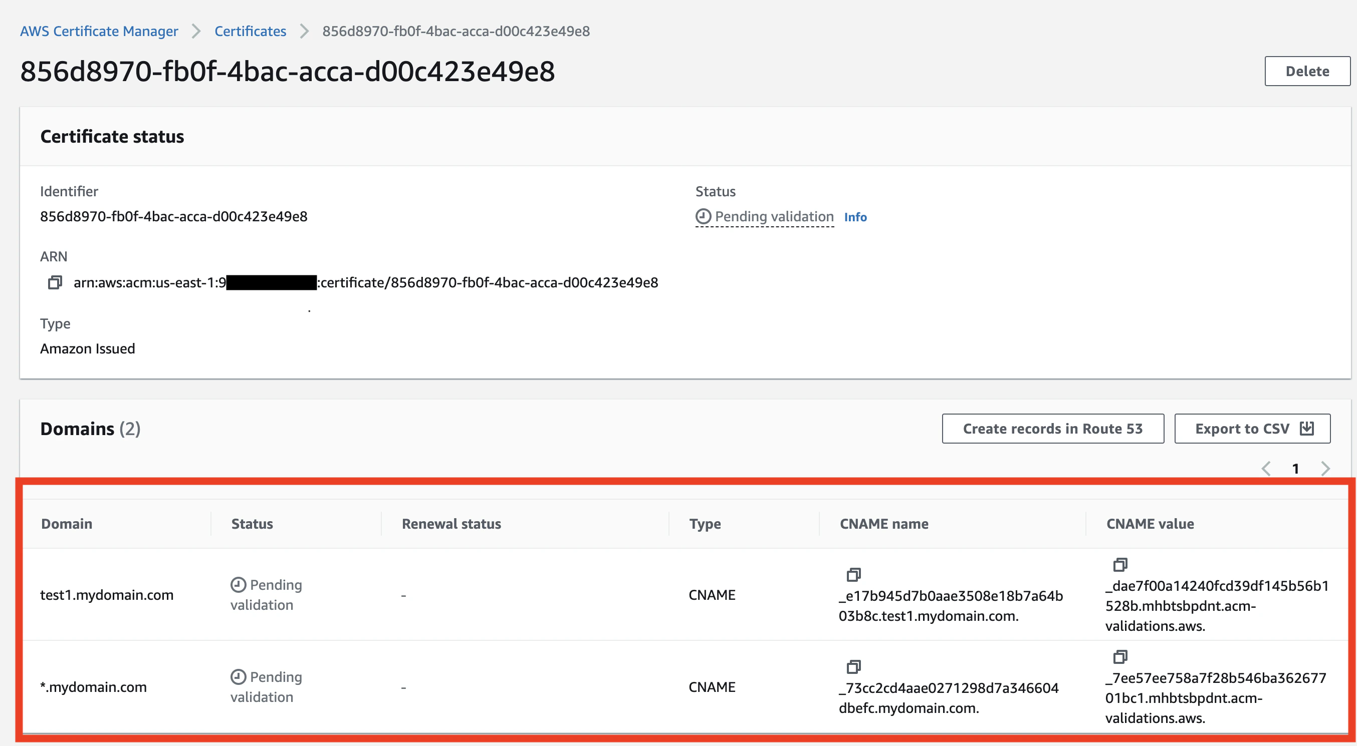 AWS ACM certificate validation page showing CNAME records required for domain verification