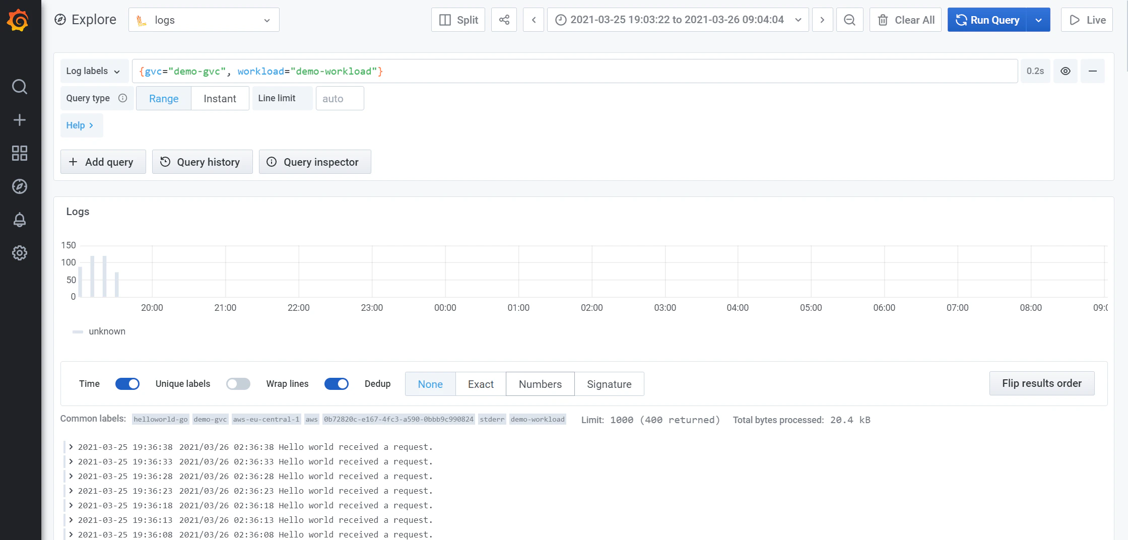 Grafana log explorer showing LogQL query results with timestamp, level, and message fields for workload logs