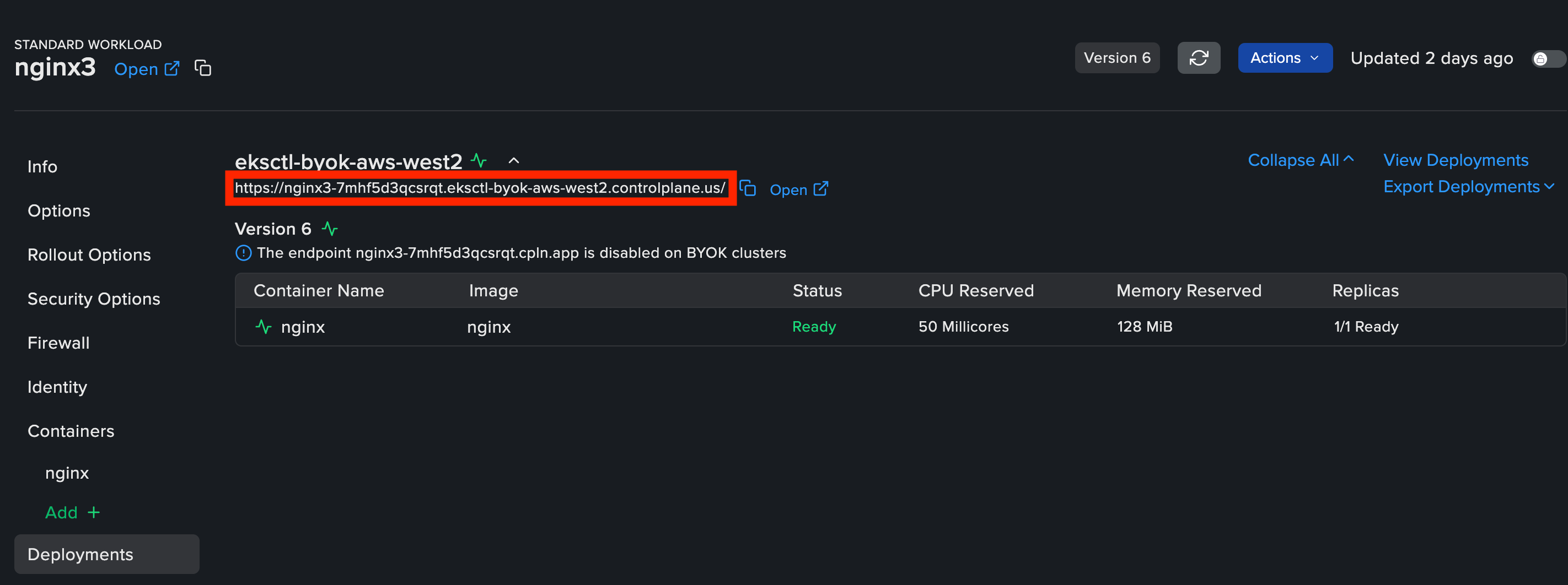 Workload Deployments page showing the public endpoint URL for BYOK locations