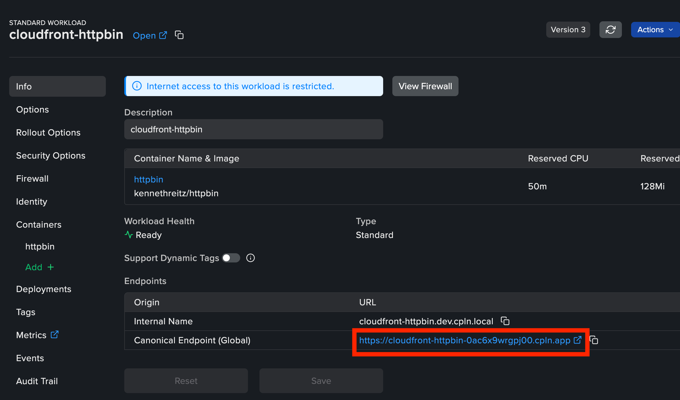 Workload Info page showing the Canonical Endpoint URL to use as CloudFront origin domain