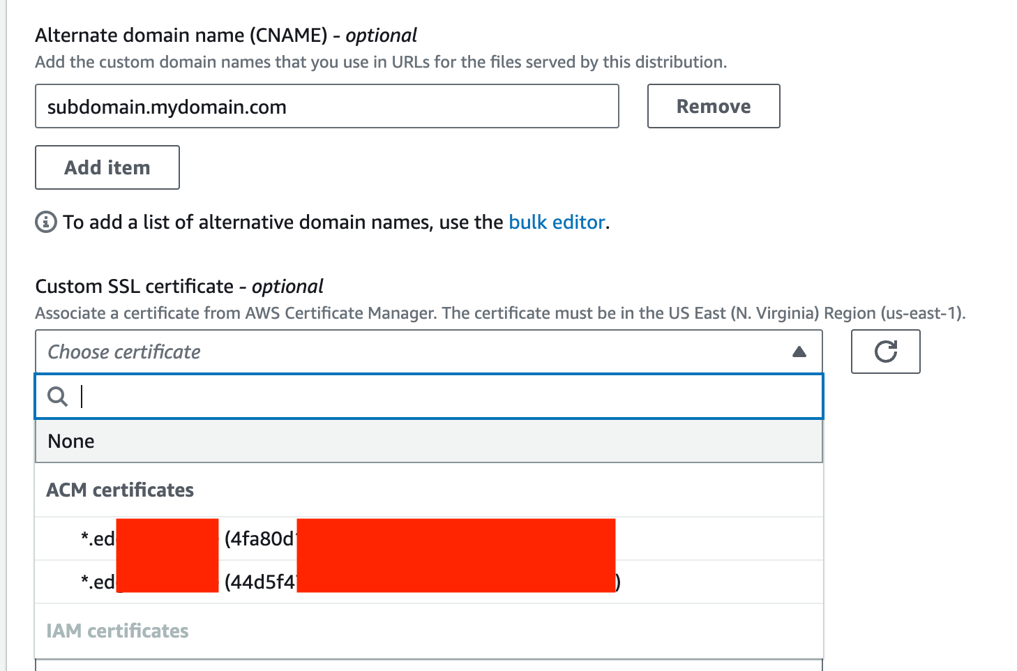 CloudFront settings showing alternate domain name and custom SSL certificate selection fields