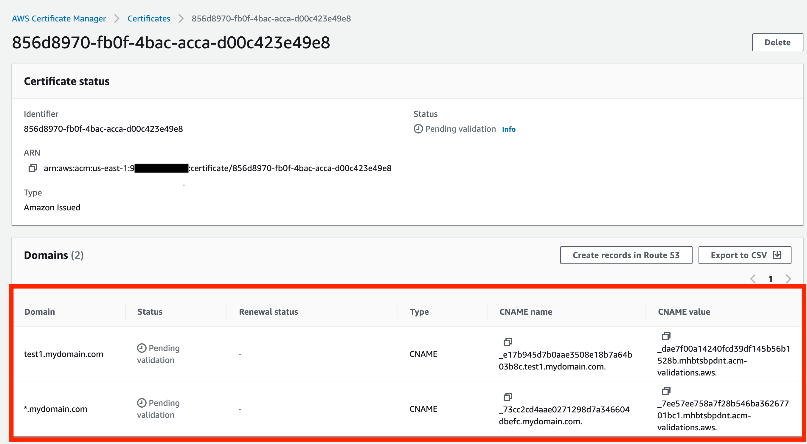 AWS ACM certificate validation page showing CNAME records required for domain verification