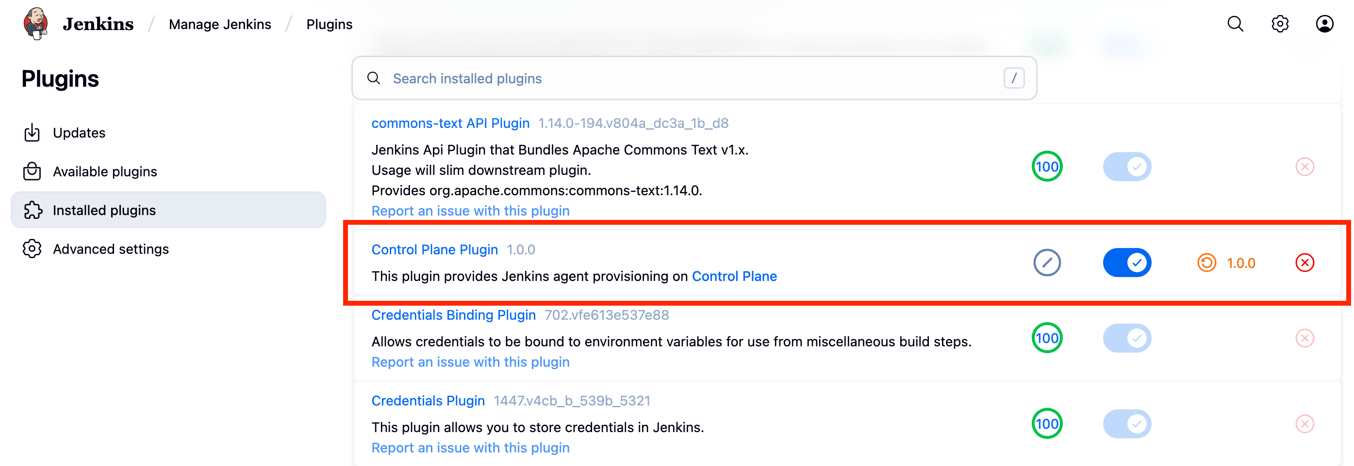 Control Plane Plugin installed in Jenkins