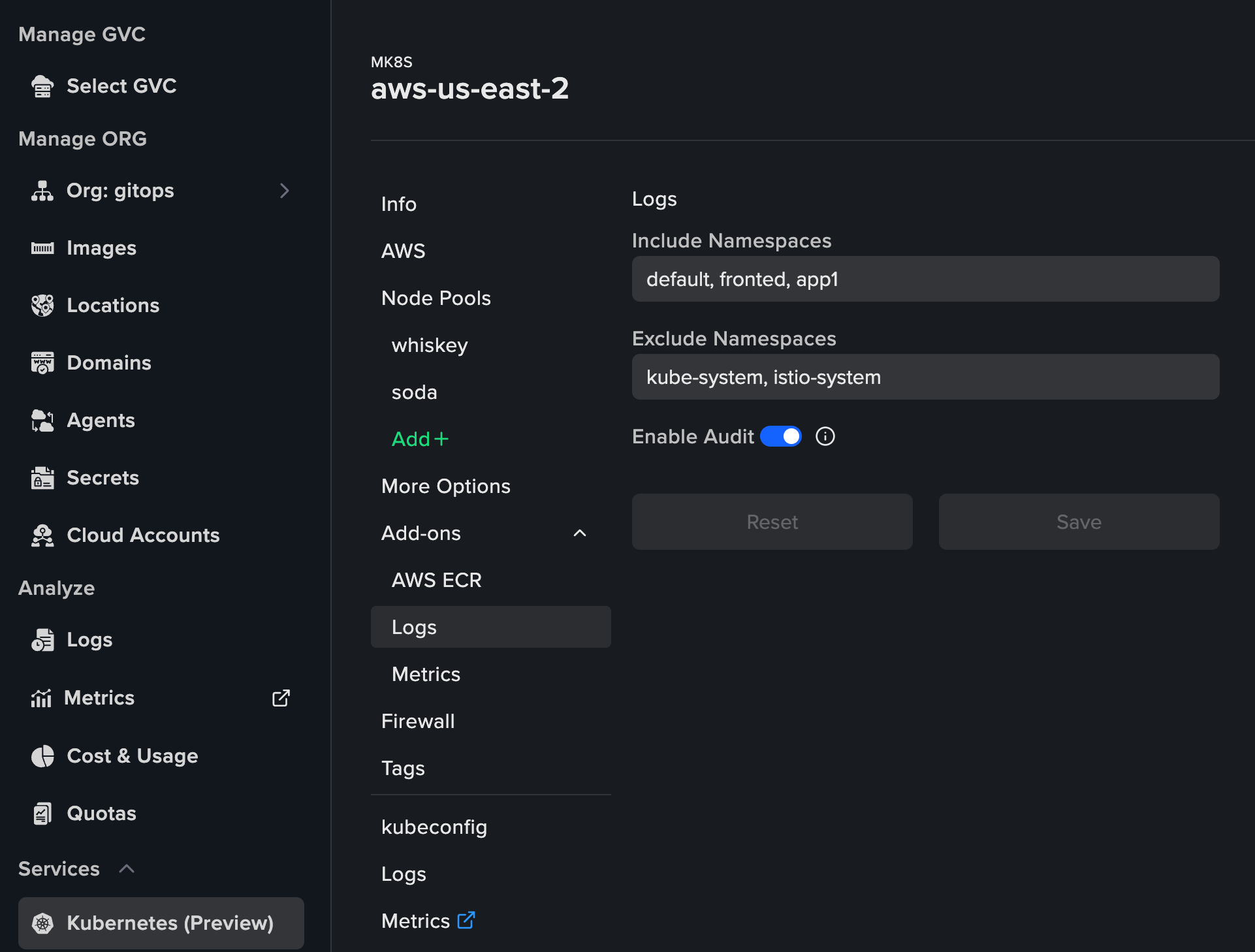 Logs add-on configuration UI showing namespace inclusion/exclusion filters and audit log toggle