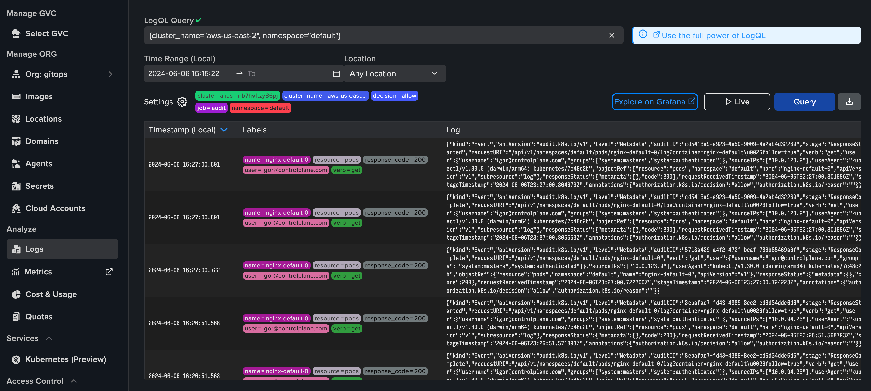 Control Plane Console logs view with LogQL query bar and filtered log entries for a Kubernetes cluster