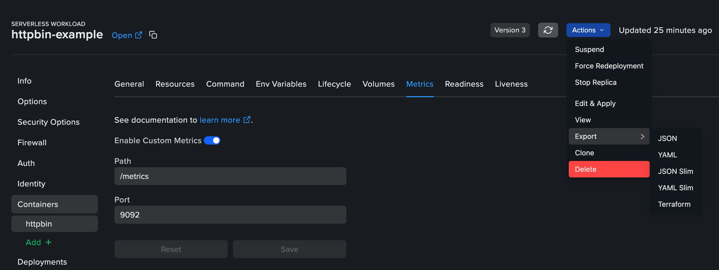 Workload with the Actions dropdown open showing the Export sub-menu with JSON, YAML, JSON Slim, YAML Slim, and Terraform options