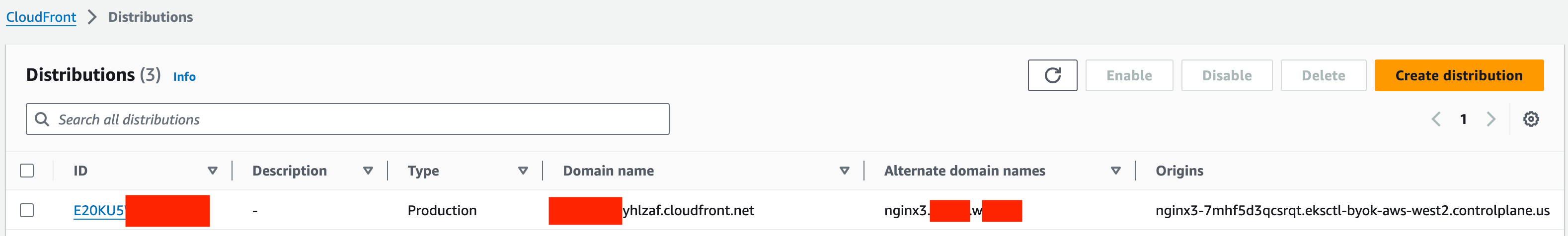 CloudFront distributions list showing the newly created distribution with its domain name and status
