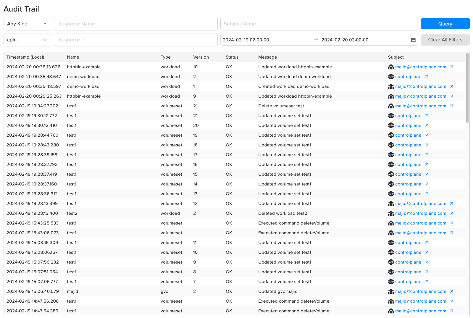 Audit trail UI showing a filtered list of captured actions with timestamps, principals, and action types